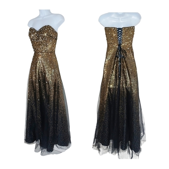 Disney Gold Black Sequin Tulle Strapless Corset Gown Dress S-M - Picture 2 of 6